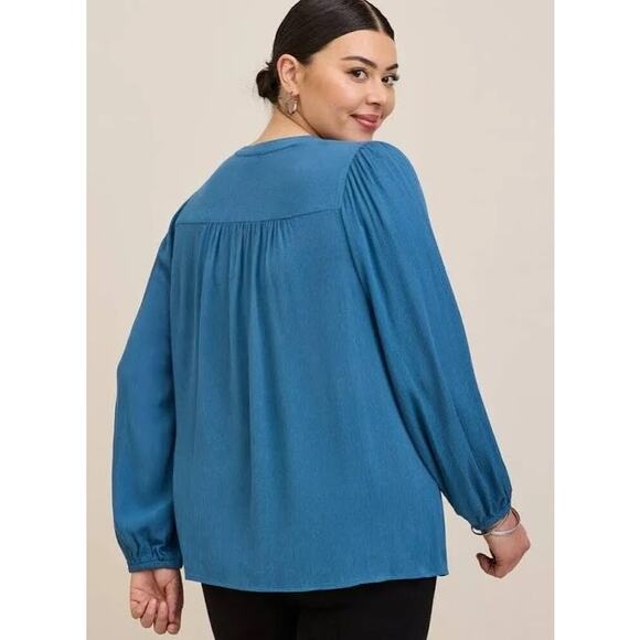 Torrid Blue Crinkle Gauze Button Front Blouse Tie Neck Long Sleeve 4X Blue New - Picture 7 of 8